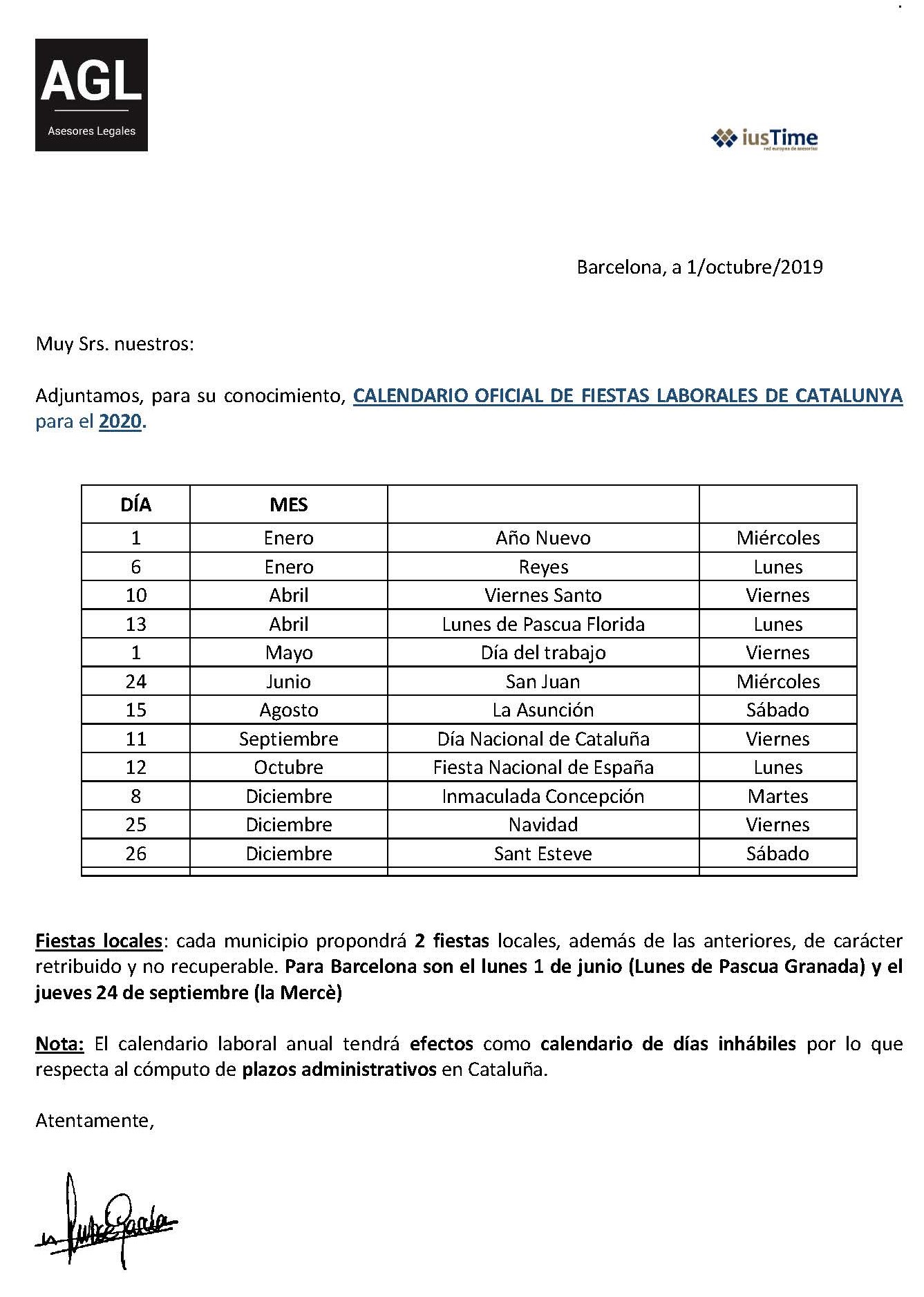 CALENDARIO OFICIAL DE FIESTAS LABORALES DE CATALUÑA PARA 2020